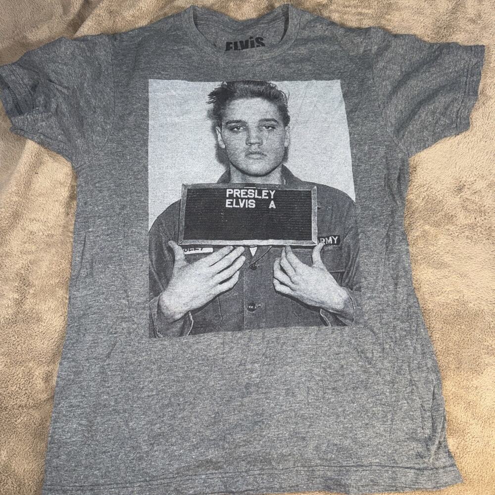 Elvis Presley Jail Mug Shot Men’s Small Grey T Shirt Rock n Roll